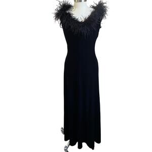 Vintage Jeffrey & Dara by Tom Barra Black Velvet Ostrich Feather Collar Gown Sz6